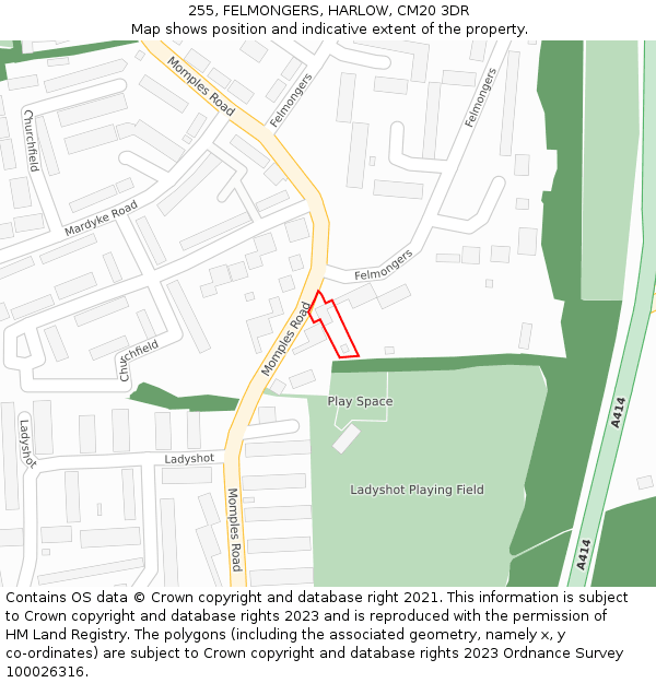 255, FELMONGERS, HARLOW, CM20 3DR: Location map and indicative extent of plot