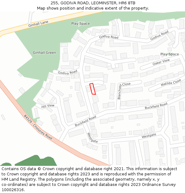 255, GODIVA ROAD, LEOMINSTER, HR6 8TB: Location map and indicative extent of plot