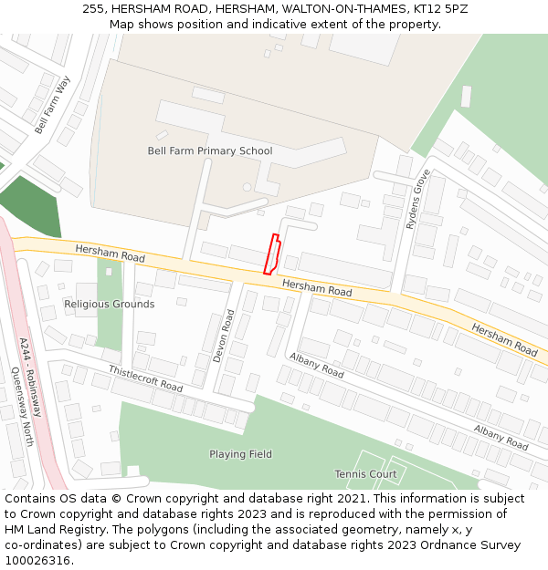 255, HERSHAM ROAD, HERSHAM, WALTON-ON-THAMES, KT12 5PZ: Location map and indicative extent of plot