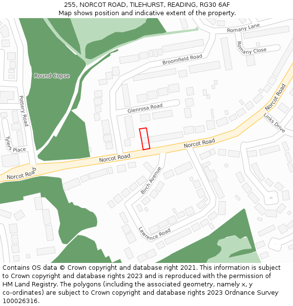 255, NORCOT ROAD, TILEHURST, READING, RG30 6AF: Location map and indicative extent of plot