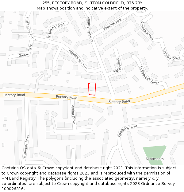 255, RECTORY ROAD, SUTTON COLDFIELD, B75 7RY: Location map and indicative extent of plot