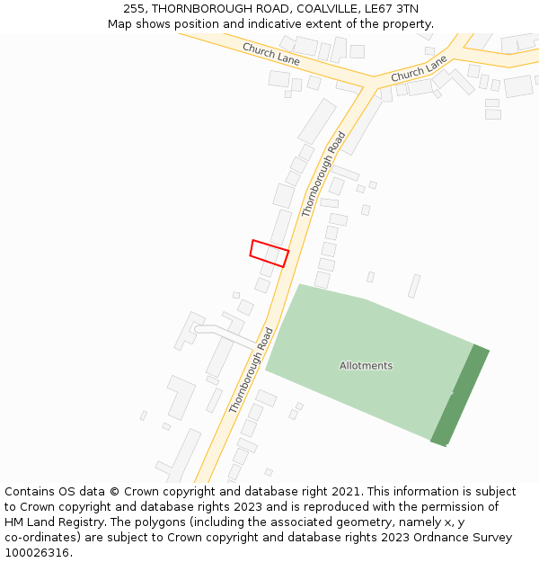 255, THORNBOROUGH ROAD, COALVILLE, LE67 3TN: Location map and indicative extent of plot