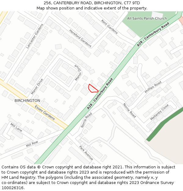 256, CANTERBURY ROAD, BIRCHINGTON, CT7 9TD: Location map and indicative extent of plot