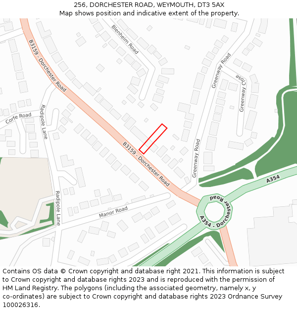 256, DORCHESTER ROAD, WEYMOUTH, DT3 5AX: Location map and indicative extent of plot