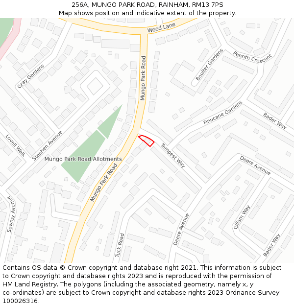 256A, MUNGO PARK ROAD, RAINHAM, RM13 7PS: Location map and indicative extent of plot
