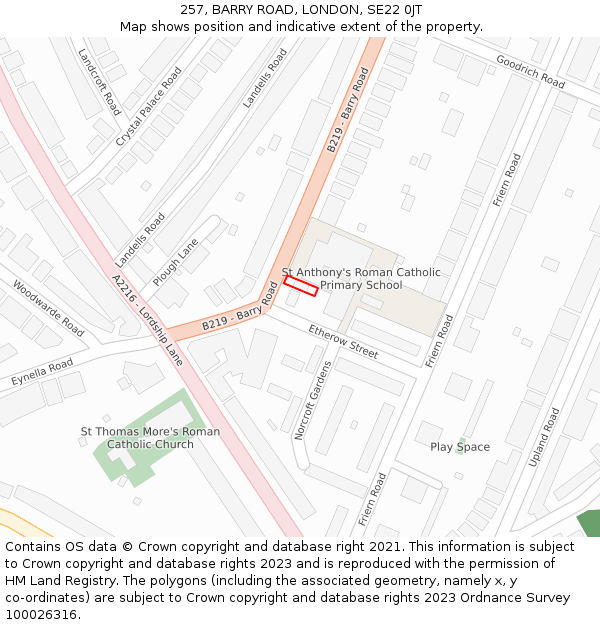 257, BARRY ROAD, LONDON, SE22 0JT: Location map and indicative extent of plot