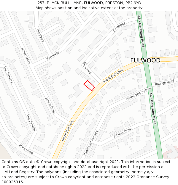 257, BLACK BULL LANE, FULWOOD, PRESTON, PR2 9YD: Location map and indicative extent of plot