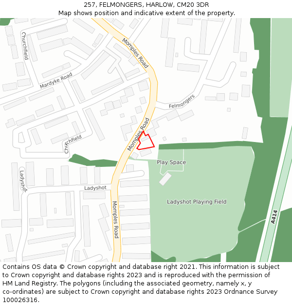 257, FELMONGERS, HARLOW, CM20 3DR: Location map and indicative extent of plot