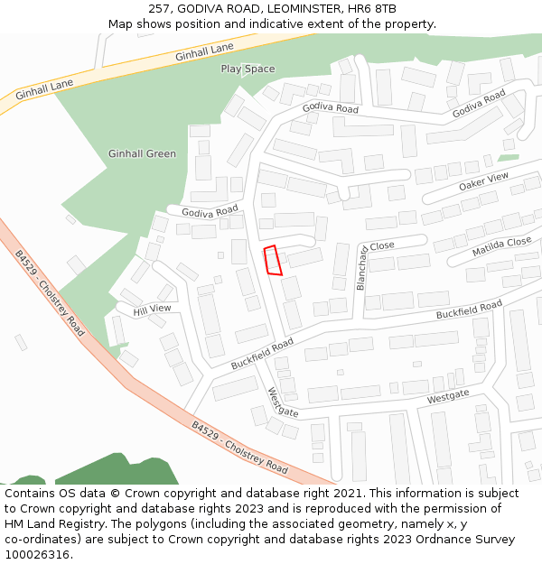 257, GODIVA ROAD, LEOMINSTER, HR6 8TB: Location map and indicative extent of plot
