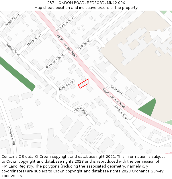 257, LONDON ROAD, BEDFORD, MK42 0PX: Location map and indicative extent of plot