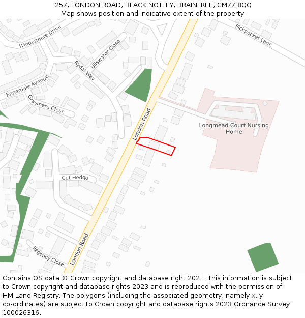 257, LONDON ROAD, BLACK NOTLEY, BRAINTREE, CM77 8QQ: Location map and indicative extent of plot