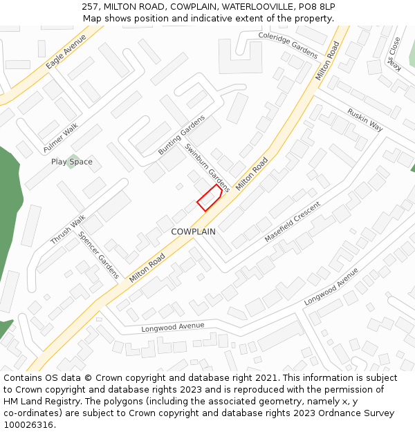 257, MILTON ROAD, COWPLAIN, WATERLOOVILLE, PO8 8LP: Location map and indicative extent of plot