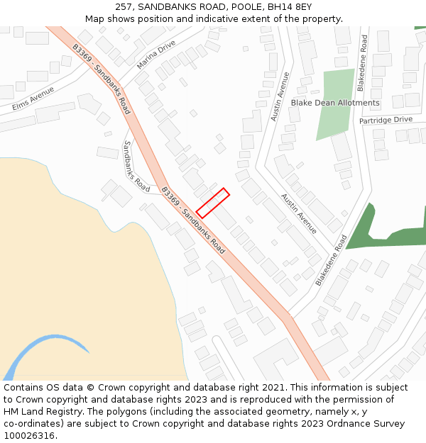 257, SANDBANKS ROAD, POOLE, BH14 8EY: Location map and indicative extent of plot