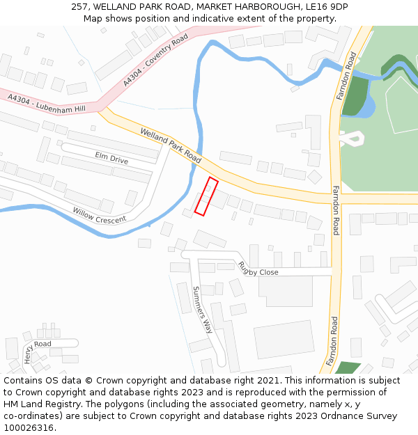 257, WELLAND PARK ROAD, MARKET HARBOROUGH, LE16 9DP: Location map and indicative extent of plot