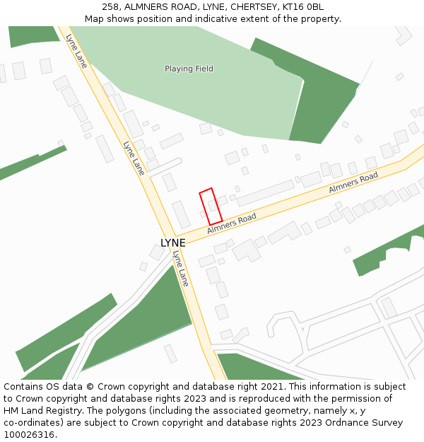 258, ALMNERS ROAD, LYNE, CHERTSEY, KT16 0BL: Location map and indicative extent of plot