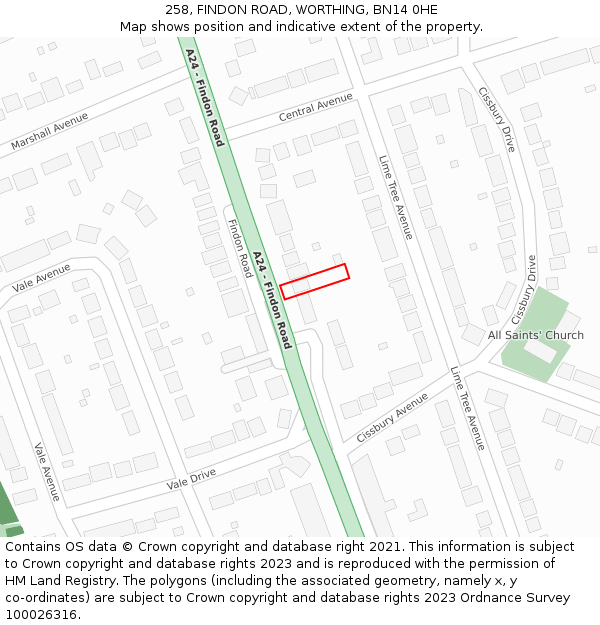 258, FINDON ROAD, WORTHING, BN14 0HE: Location map and indicative extent of plot
