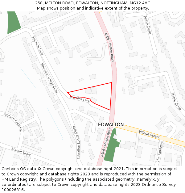 258, MELTON ROAD, EDWALTON, NOTTINGHAM, NG12 4AG: Location map and indicative extent of plot