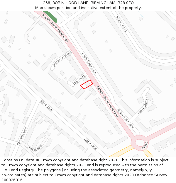 258, ROBIN HOOD LANE, BIRMINGHAM, B28 0EQ: Location map and indicative extent of plot