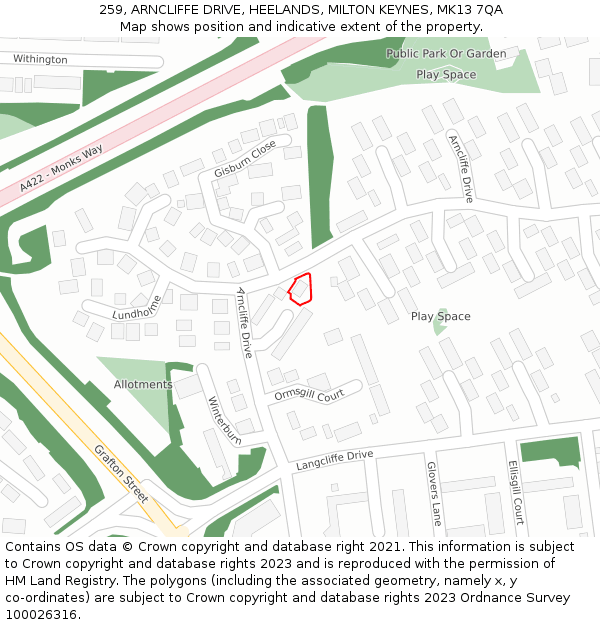 259, ARNCLIFFE DRIVE, HEELANDS, MILTON KEYNES, MK13 7QA: Location map and indicative extent of plot