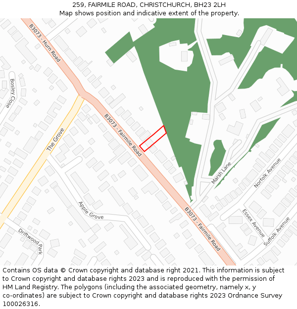 259, FAIRMILE ROAD, CHRISTCHURCH, BH23 2LH: Location map and indicative extent of plot