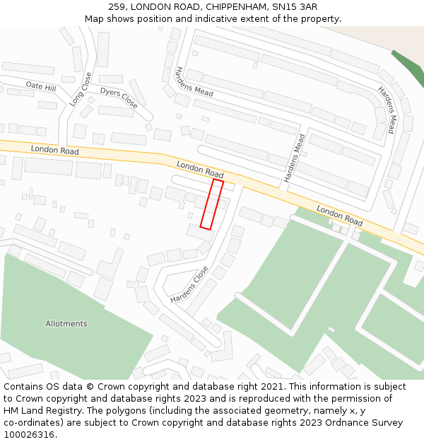 259, LONDON ROAD, CHIPPENHAM, SN15 3AR: Location map and indicative extent of plot