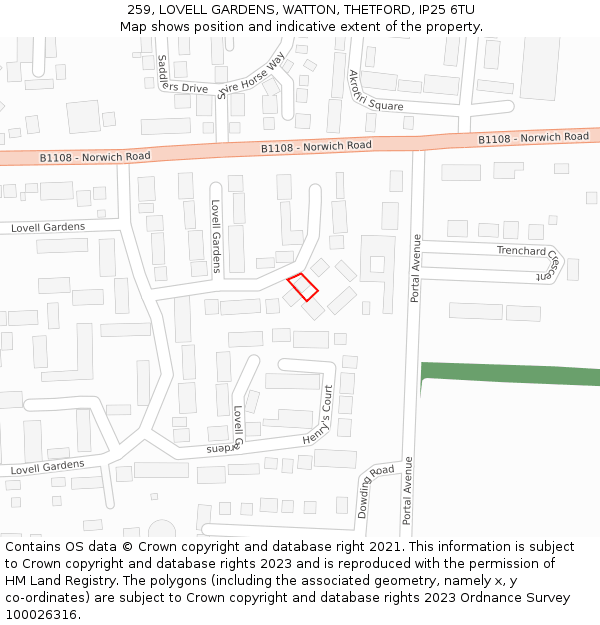 259, LOVELL GARDENS, WATTON, THETFORD, IP25 6TU: Location map and indicative extent of plot