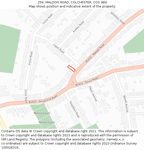 259, MALDON ROAD, COLCHESTER, CO3 3BG: Location map and indicative extent of plot