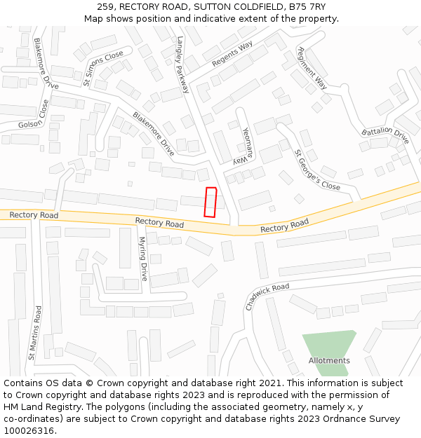 259, RECTORY ROAD, SUTTON COLDFIELD, B75 7RY: Location map and indicative extent of plot