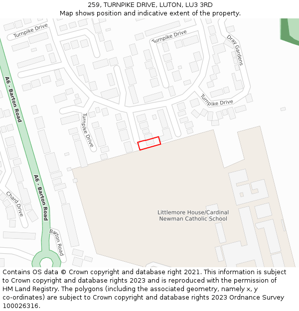 259, TURNPIKE DRIVE, LUTON, LU3 3RD: Location map and indicative extent of plot