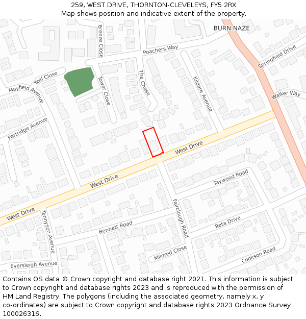 259, WEST DRIVE, THORNTON-CLEVELEYS, FY5 2RX: Location map and indicative extent of plot