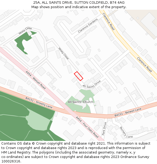 25A, ALL SAINTS DRIVE, SUTTON COLDFIELD, B74 4AG: Location map and indicative extent of plot