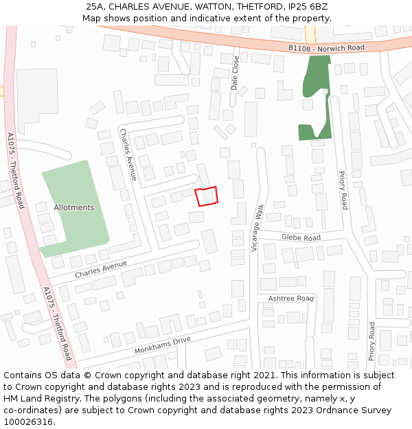 25A, CHARLES AVENUE, WATTON, THETFORD, IP25 6BZ: Location map and indicative extent of plot