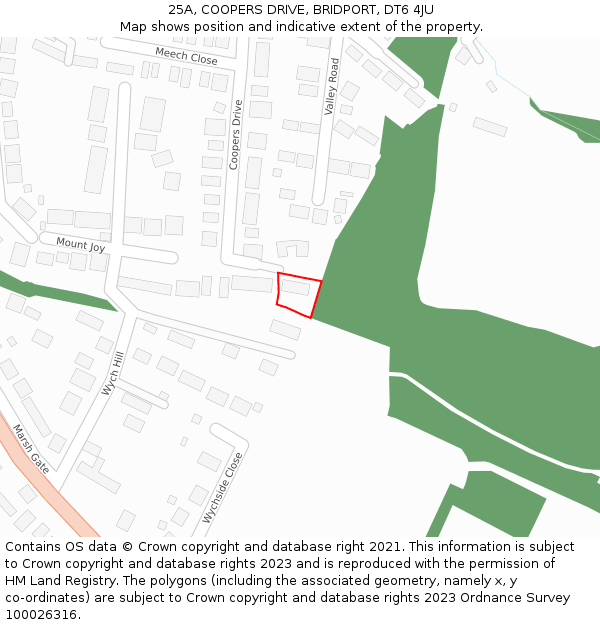 25A, COOPERS DRIVE, BRIDPORT, DT6 4JU: Location map and indicative extent of plot