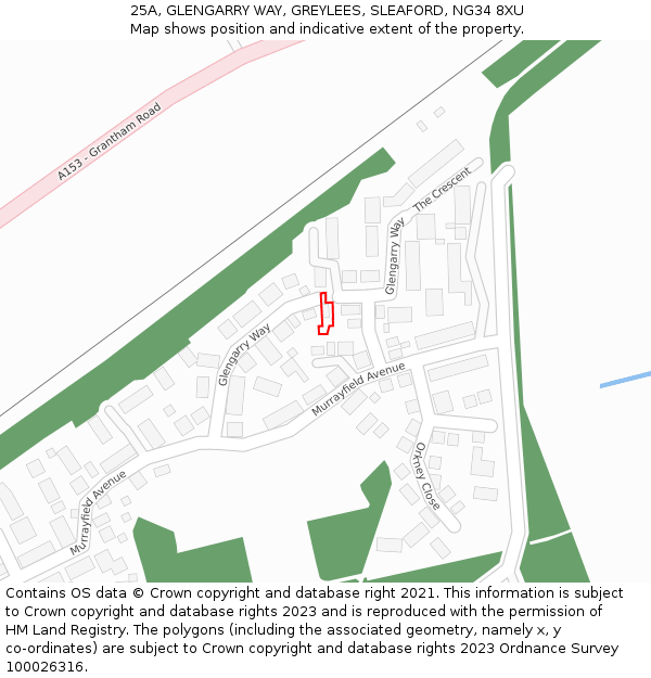 25A, GLENGARRY WAY, GREYLEES, SLEAFORD, NG34 8XU: Location map and indicative extent of plot