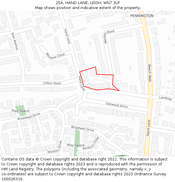 25A, HAND LANE, LEIGH, WN7 3LP: Location map and indicative extent of plot