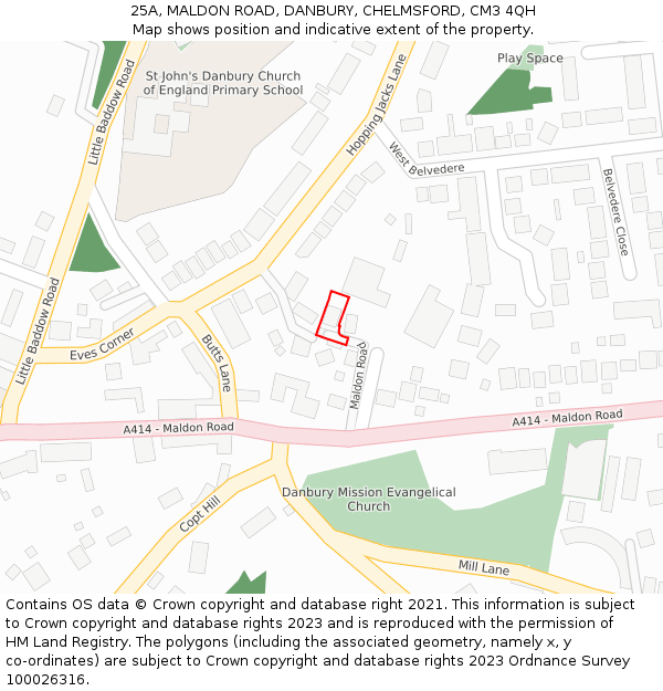 25A, MALDON ROAD, DANBURY, CHELMSFORD, CM3 4QH: Location map and indicative extent of plot