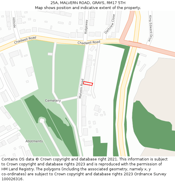 25A, MALVERN ROAD, GRAYS, RM17 5TH: Location map and indicative extent of plot