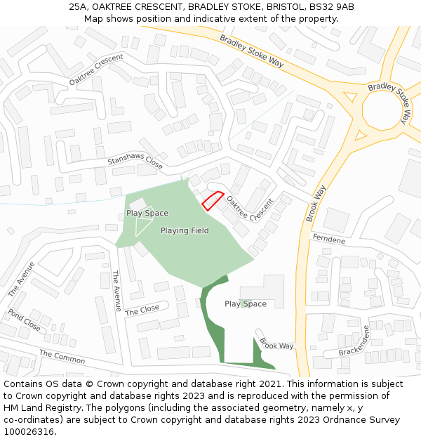 25A, OAKTREE CRESCENT, BRADLEY STOKE, BRISTOL, BS32 9AB: Location map and indicative extent of plot