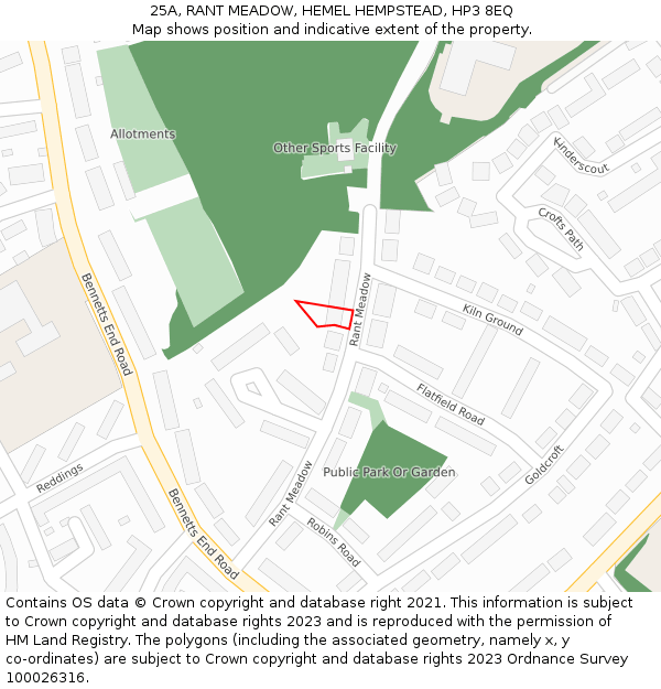 25A, RANT MEADOW, HEMEL HEMPSTEAD, HP3 8EQ: Location map and indicative extent of plot