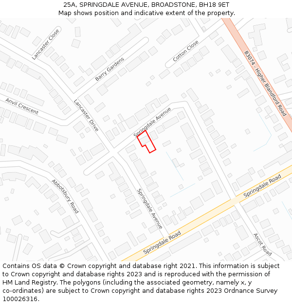 25A, SPRINGDALE AVENUE, BROADSTONE, BH18 9ET: Location map and indicative extent of plot