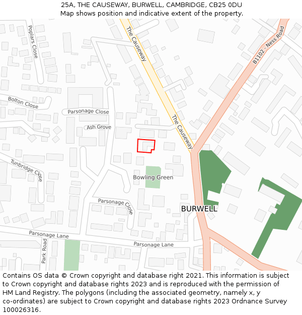 25A, THE CAUSEWAY, BURWELL, CAMBRIDGE, CB25 0DU: Location map and indicative extent of plot