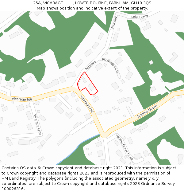 25A, VICARAGE HILL, LOWER BOURNE, FARNHAM, GU10 3QS: Location map and indicative extent of plot