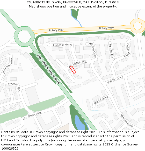 26, ABBOTSFIELD WAY, FAVERDALE, DARLINGTON, DL3 0GB: Location map and indicative extent of plot