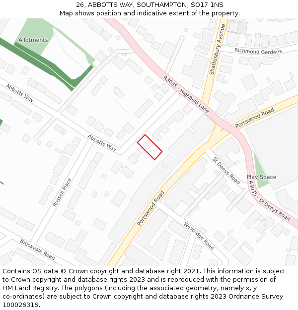 26, ABBOTTS WAY, SOUTHAMPTON, SO17 1NS: Location map and indicative extent of plot