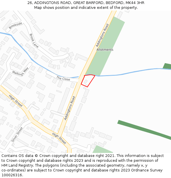 26, ADDINGTONS ROAD, GREAT BARFORD, BEDFORD, MK44 3HR: Location map and indicative extent of plot