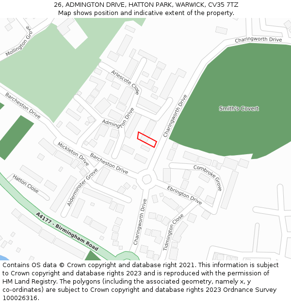 26, ADMINGTON DRIVE, HATTON PARK, WARWICK, CV35 7TZ: Location map and indicative extent of plot