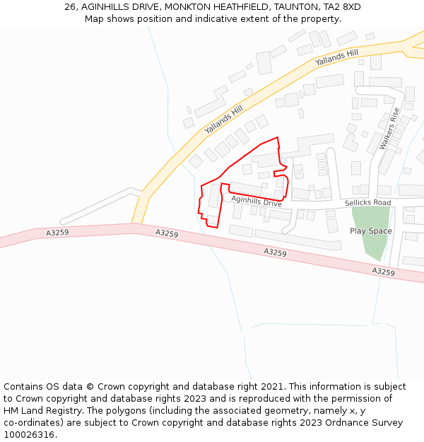 26, AGINHILLS DRIVE, MONKTON HEATHFIELD, TAUNTON, TA2 8XD: Location map and indicative extent of plot