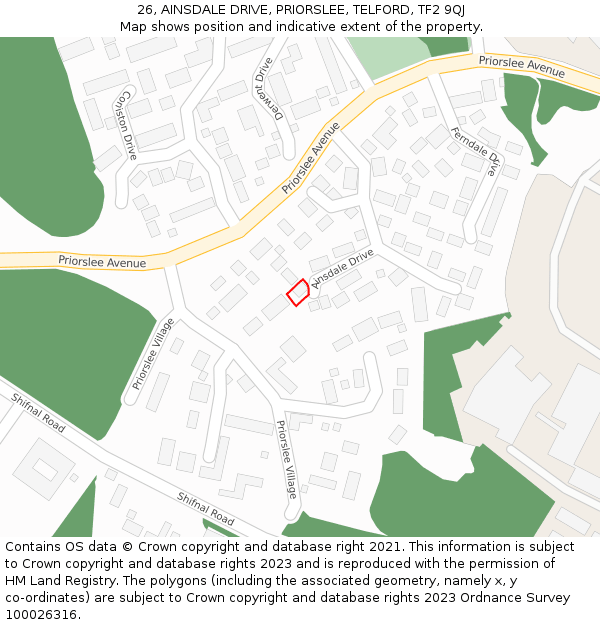 26, AINSDALE DRIVE, PRIORSLEE, TELFORD, TF2 9QJ: Location map and indicative extent of plot