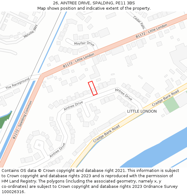 26, AINTREE DRIVE, SPALDING, PE11 3BS: Location map and indicative extent of plot