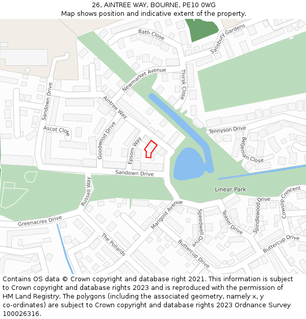 26, AINTREE WAY, BOURNE, PE10 0WG: Location map and indicative extent of plot